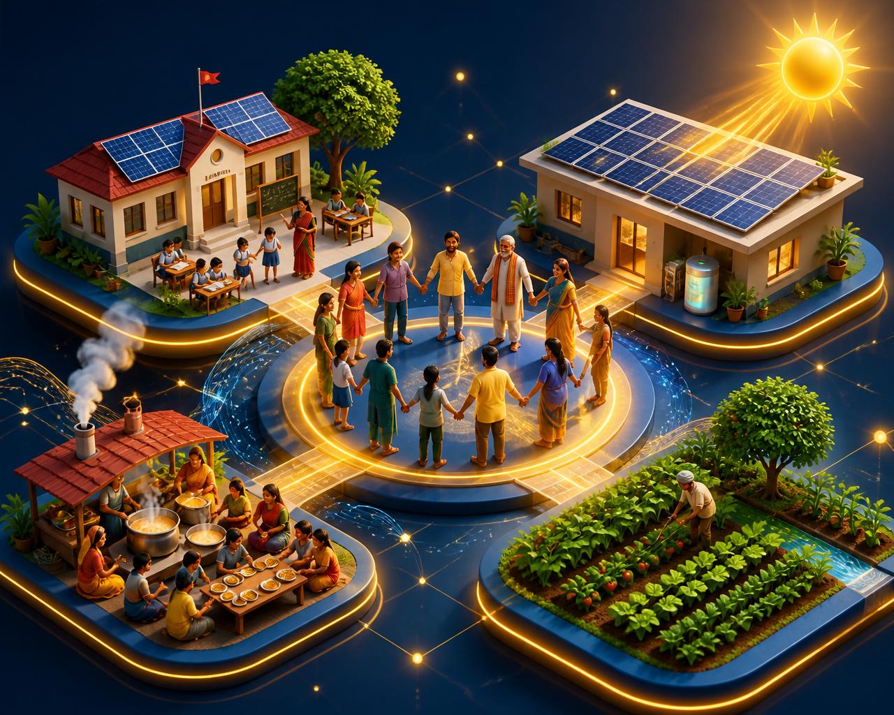 Interconnected illustration of community, education, agriculture and clean energy across India
