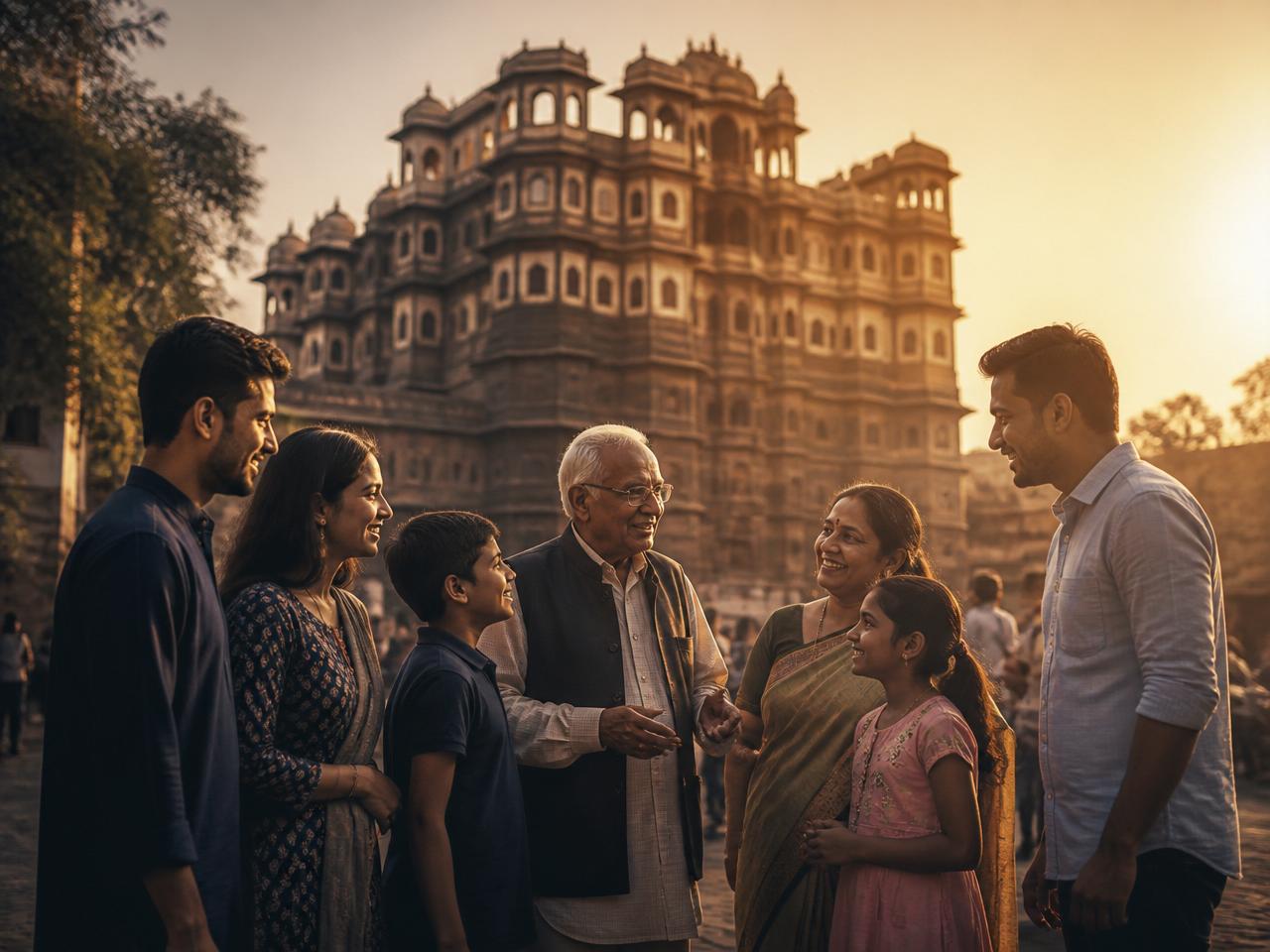 Indore's Rajwada palace at golden hour with a diverse community talking in the foreground