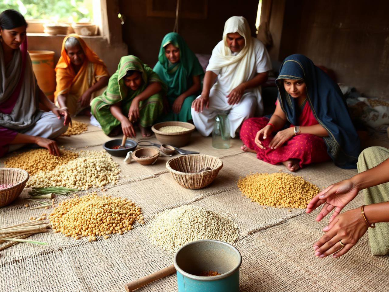 Local volunteers sorting grains and organic farming tools in Madhya Pradesh