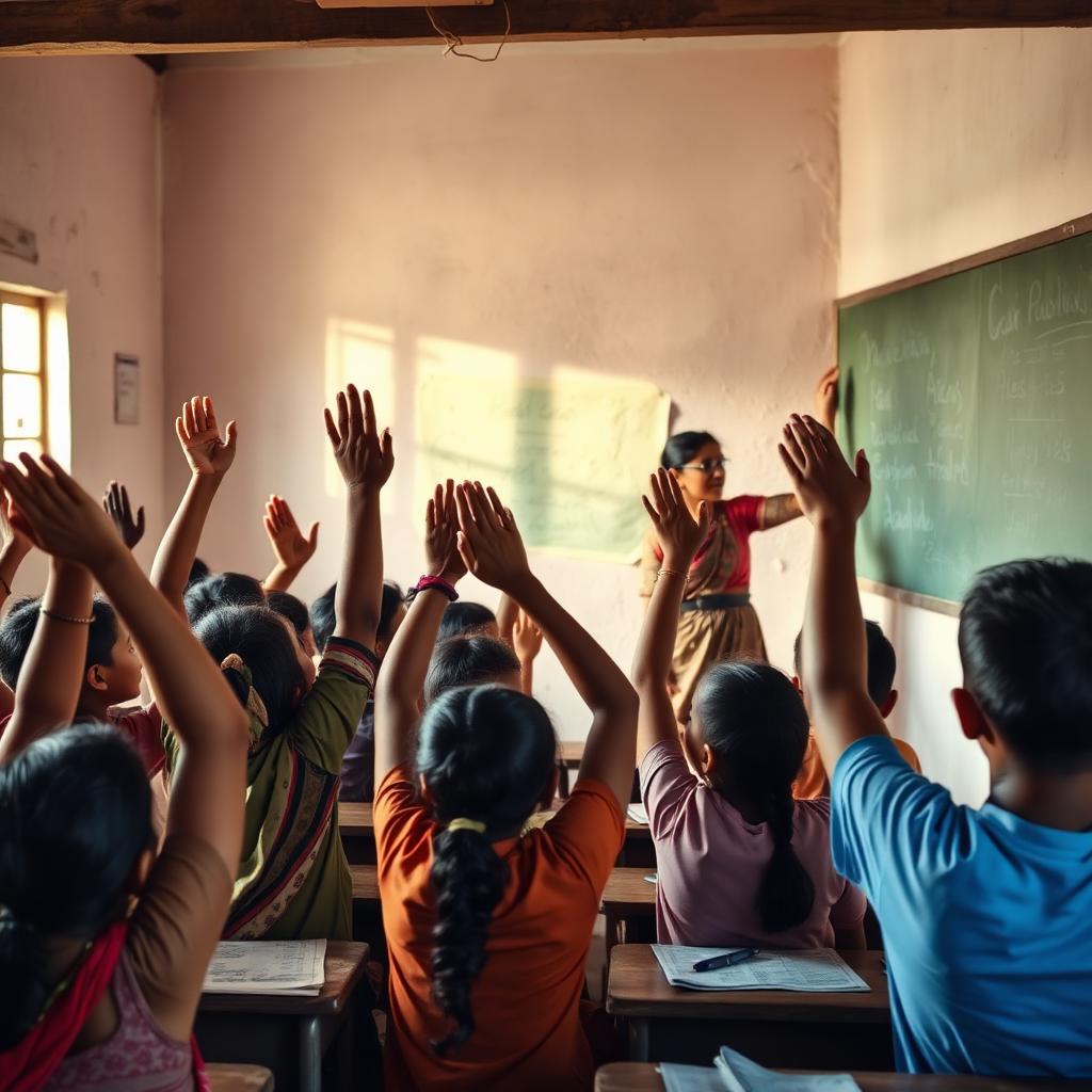 Indian classroom of engaged students raising their hands