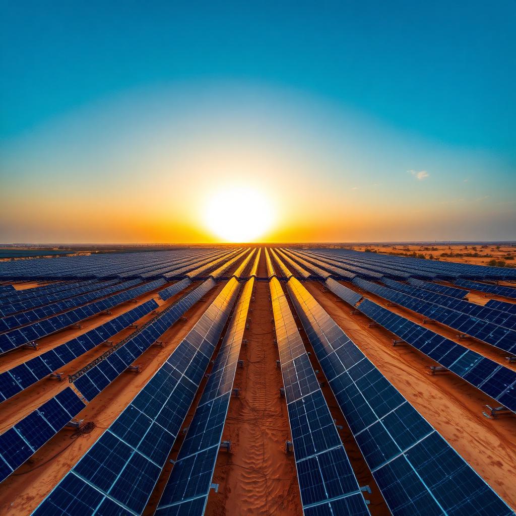Wide aerial view of a solar farm in Rajasthan at sunrise
