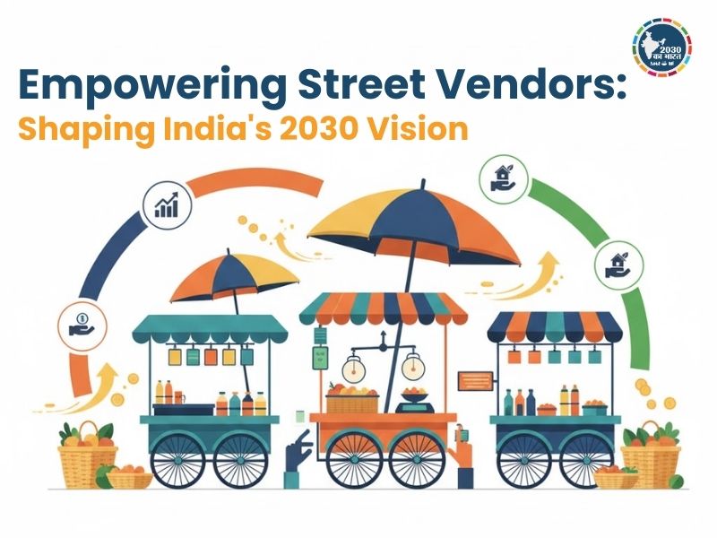 Illustration of street vendor carts symbolizing PM SVANidhi scheme, digital inclusion, and SDG-linked empowerment in India