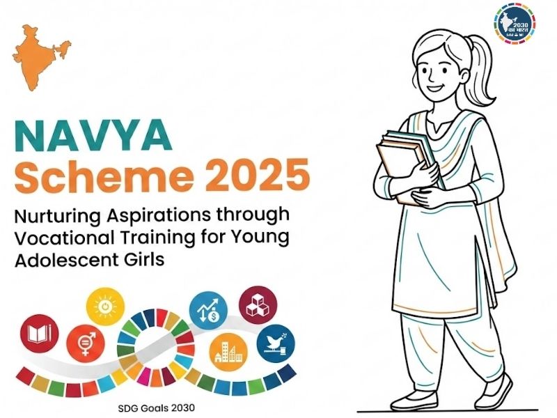 Illustration of a girl holding books promoting NAVYA Scheme 2025 for vocational training of adolescent girls.